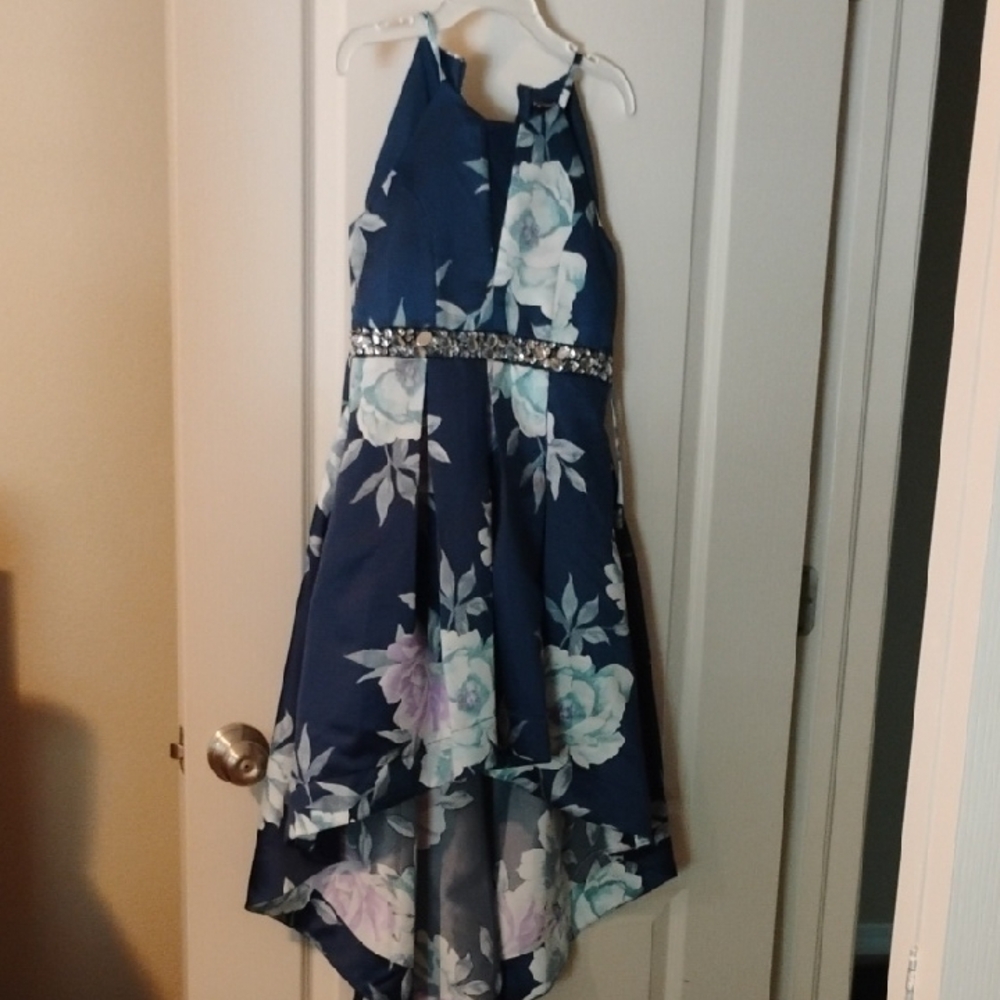 Xtraordinary Navy Floral Kids Dress with Silver Belt